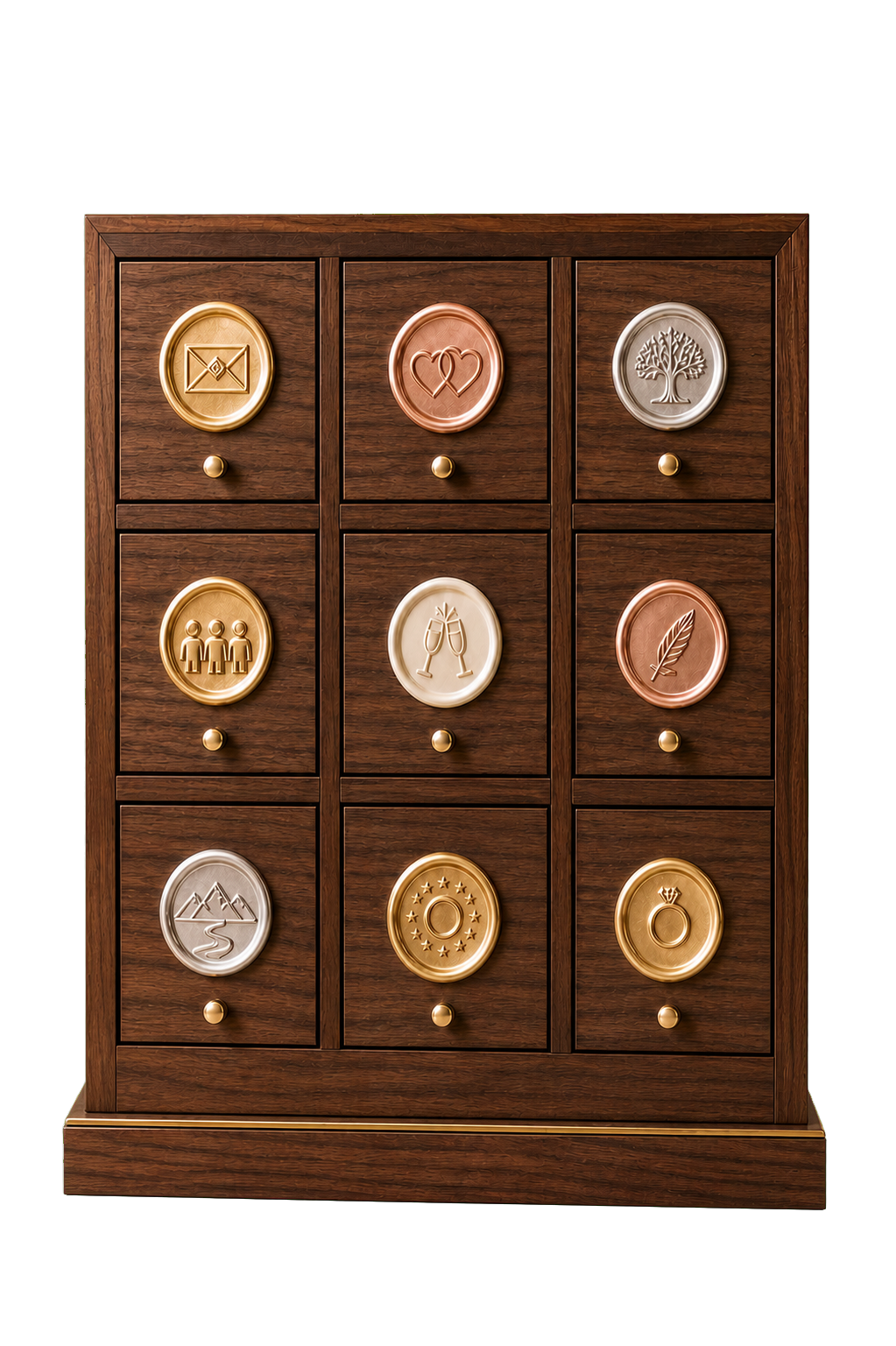 A warm walnut cabinet with nine drawers and symbolic wax seals