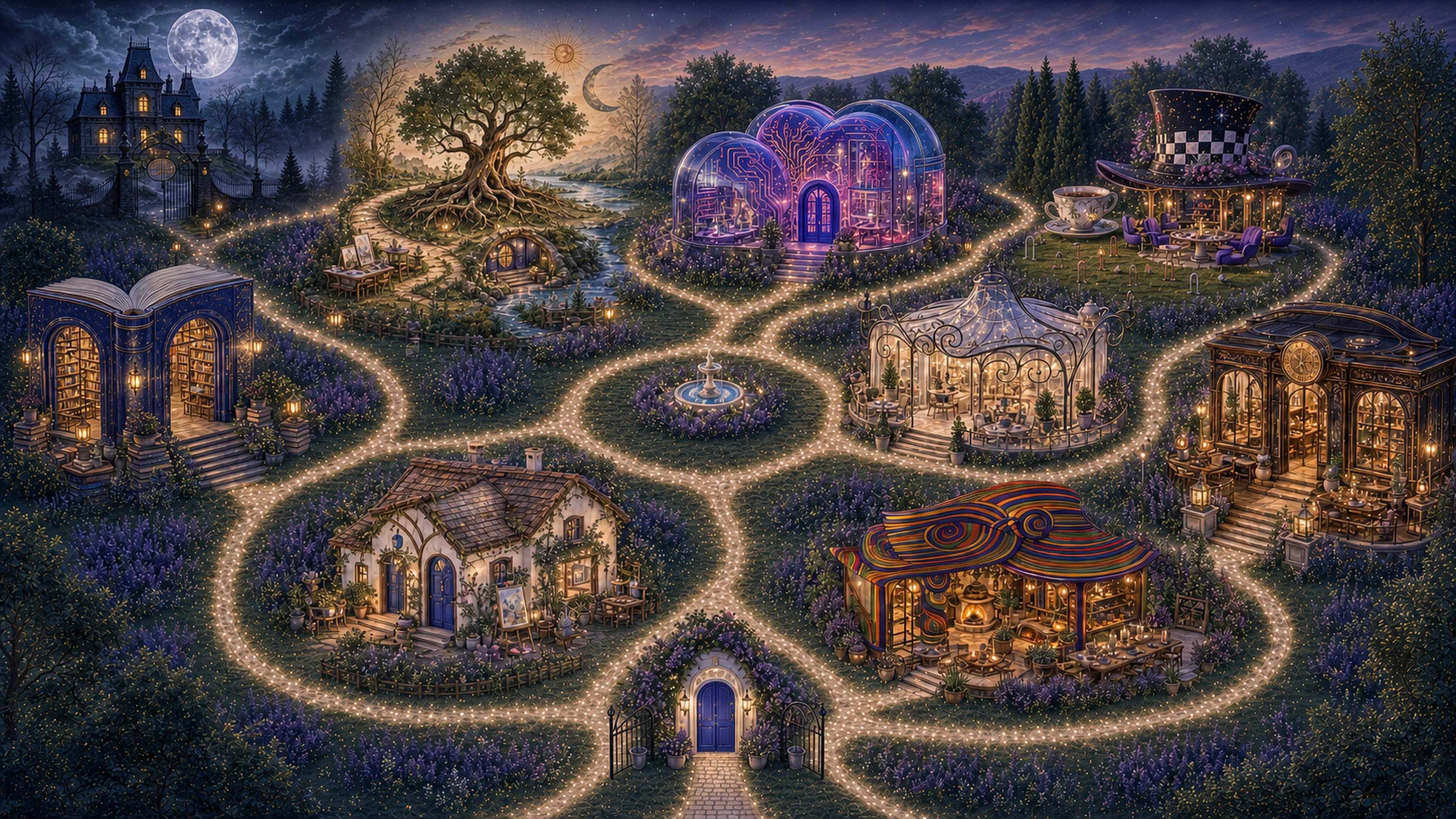 A luminous village of nine distinct Story Emporium destinations connected by glowing paths