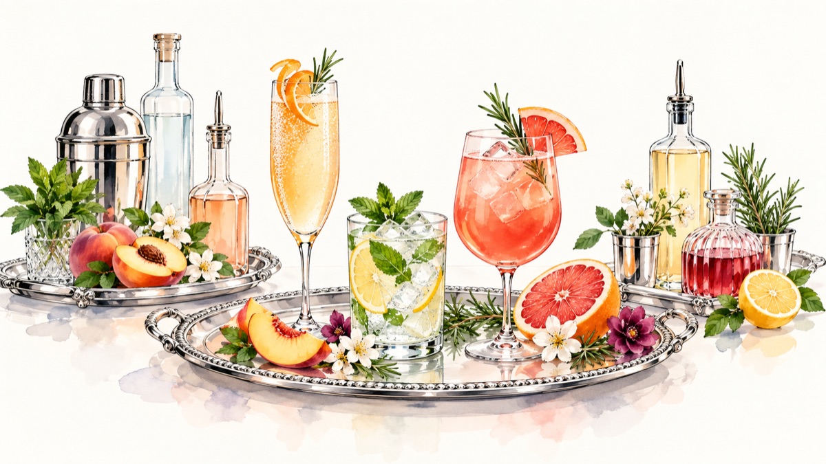 Sparkling brunch drinks with citrus, herbs, bottles, and silver trays